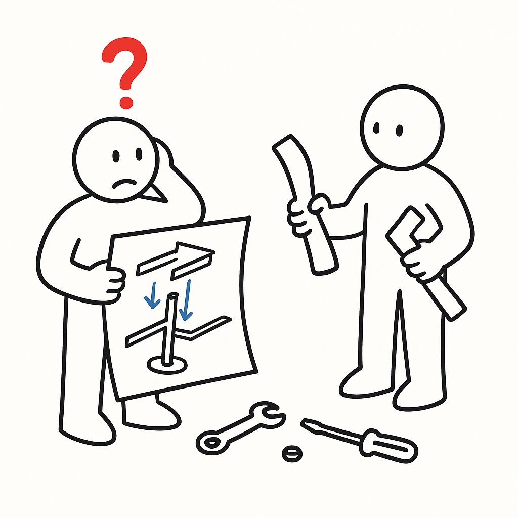 Cartoon style. Two people struggle to make sense of confusing instructions. One confused, one guessing.