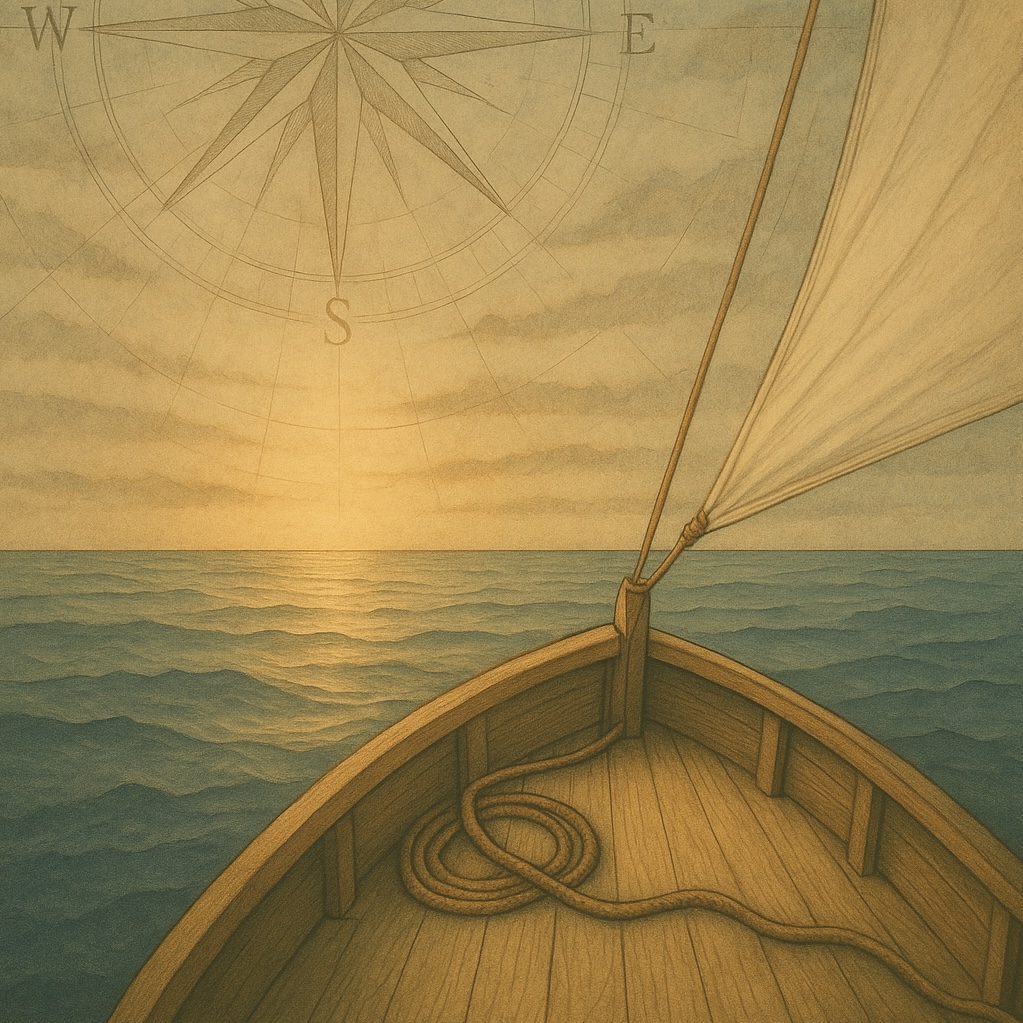 View from a small sailboat at sea during sunrise.